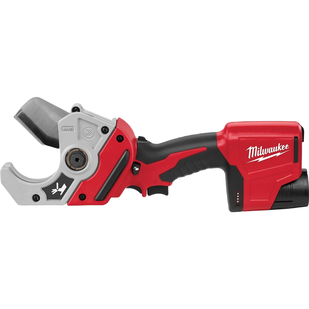 Red and black cordless plastic pipe shear with ergonomic grip and battery for efficient home improvement cutting tasks