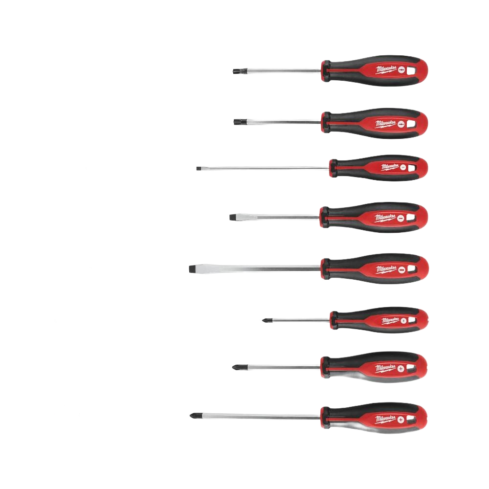 Eight-piece screwdriver set with red and black ergonomic handles designed for precision in tools and home improvement tasks