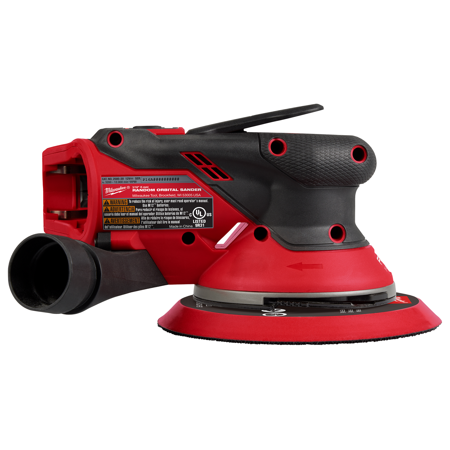 Red and black compact random orbital sander with ergonomic grip and dust extraction port for tools and home improvement tasks