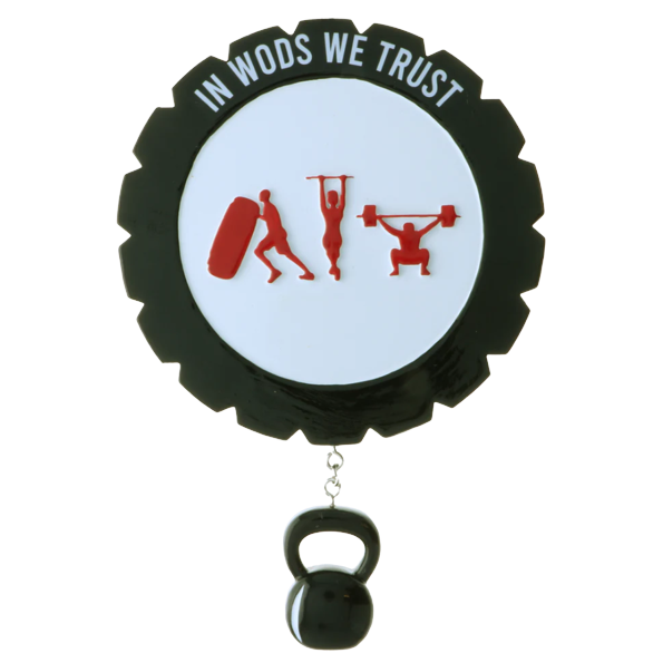 Black gear-shaped ornament with red fitness figures lifting weights and kettlebell charm, Christmas ornaments under 50 dollars collection