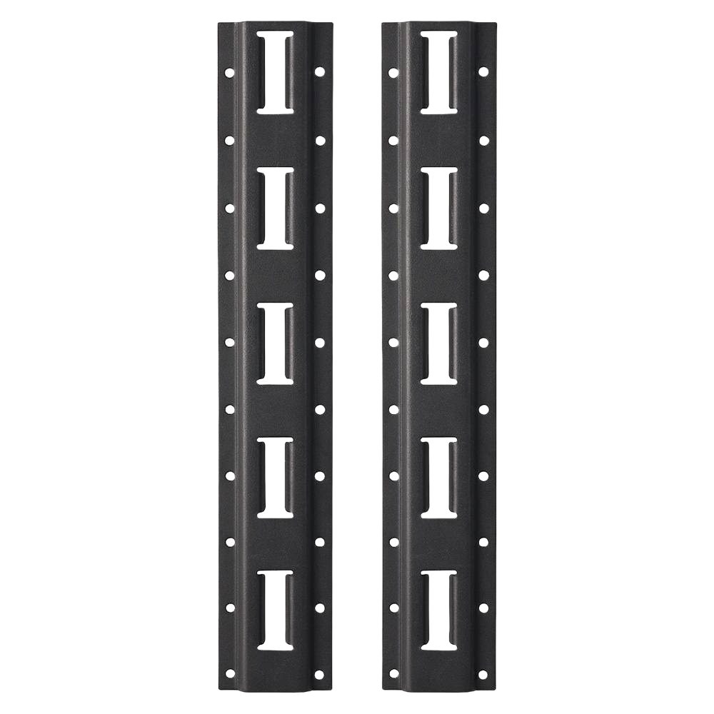 Pair of black heavy-duty vertical metal E-Track racks for tool storage and workshop organization solutions