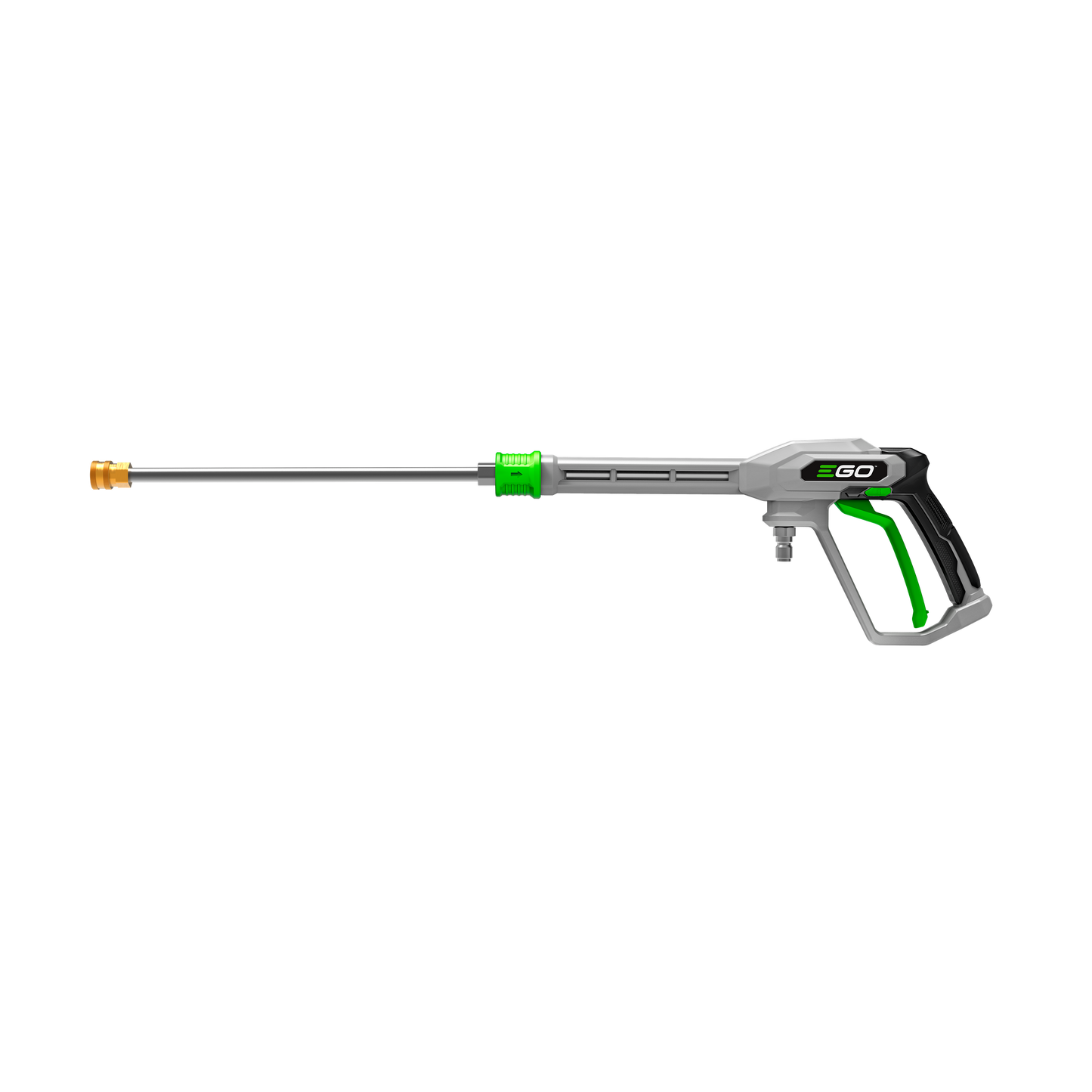 Side view of pressure washer wand with gray and green handle for home improvement and cleaning tasks