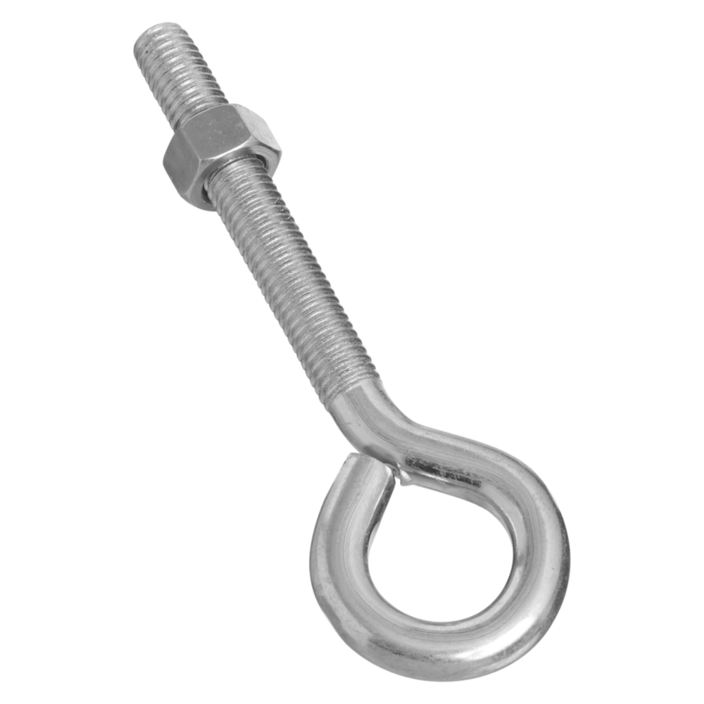 Zinc eye bolt with hex nut and machine screw threads for hardware, fasteners, and home improvement projects
