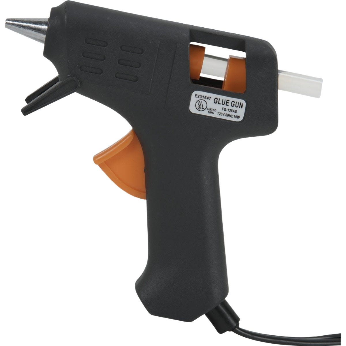 Compact mini glue gun with orange trigger and solid state heater for crafting and home improvement projects