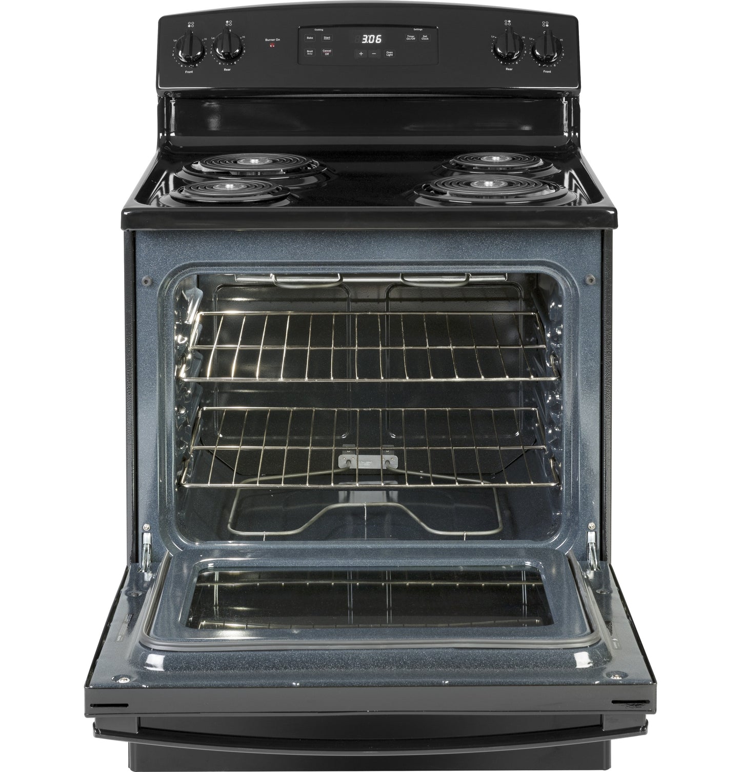 Black free-standing electric range with open oven door showing interior racks and electric coil burners