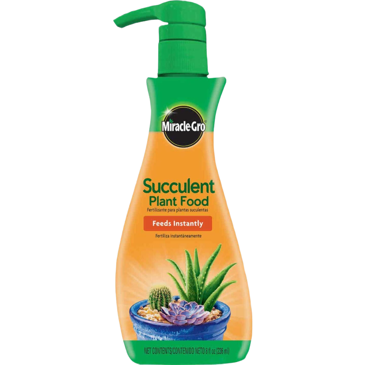 Green and orange pump bottle of Miracle-Gro plant food designed for succulent care and instant feeding.