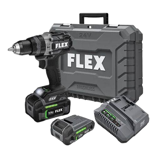 24V FLEX cordless hammer drill kit with two batteries, charger, and rugged carrying case for home improvement tasks