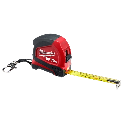 Compact Milwaukee measuring tape with built-in LED light and keychain clip for on-the-go woodworking and home improvement tasks