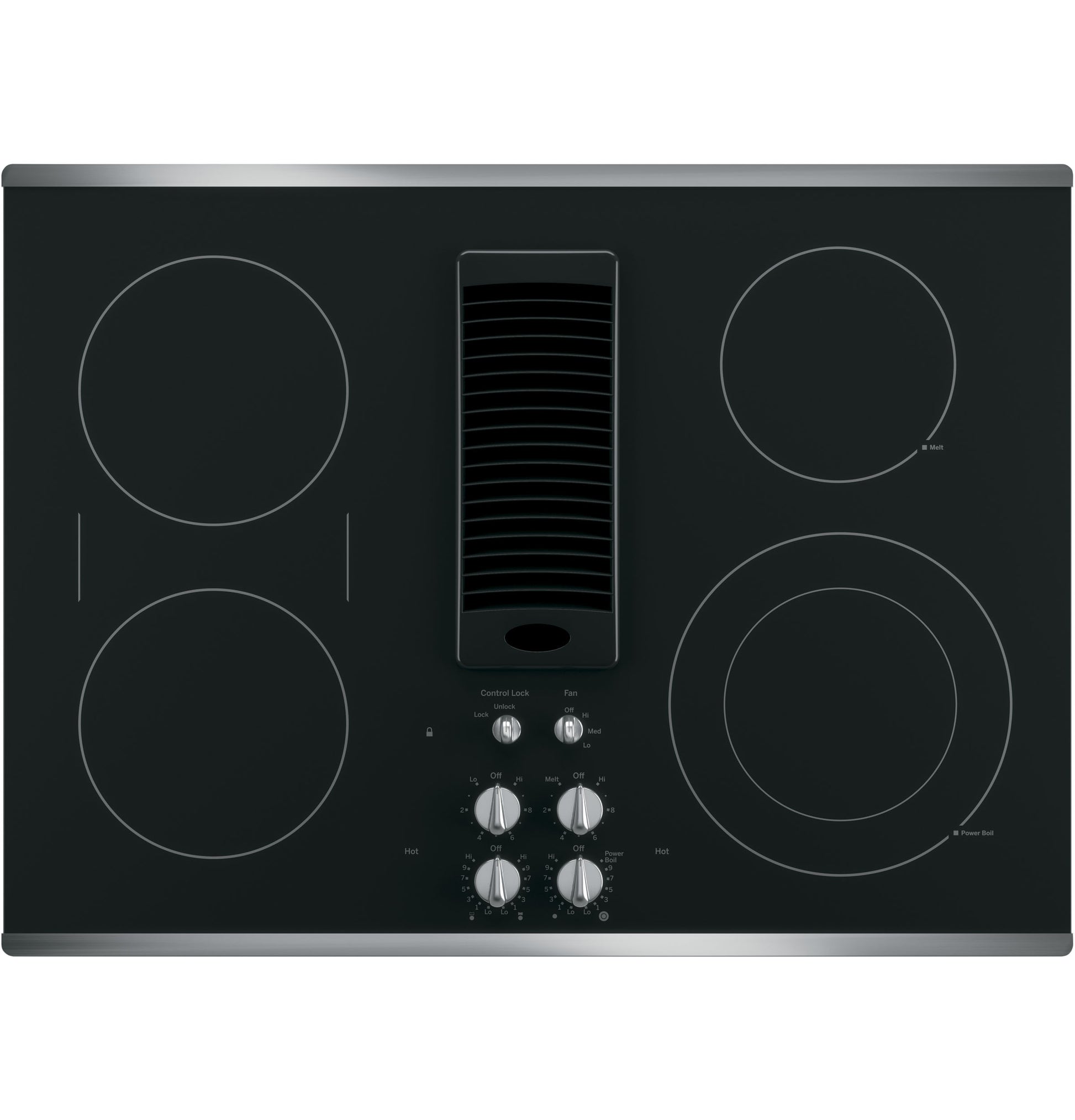 Black electric cooktop with downdraft vent and stainless steel control knobs in modern kitchen appliances collection