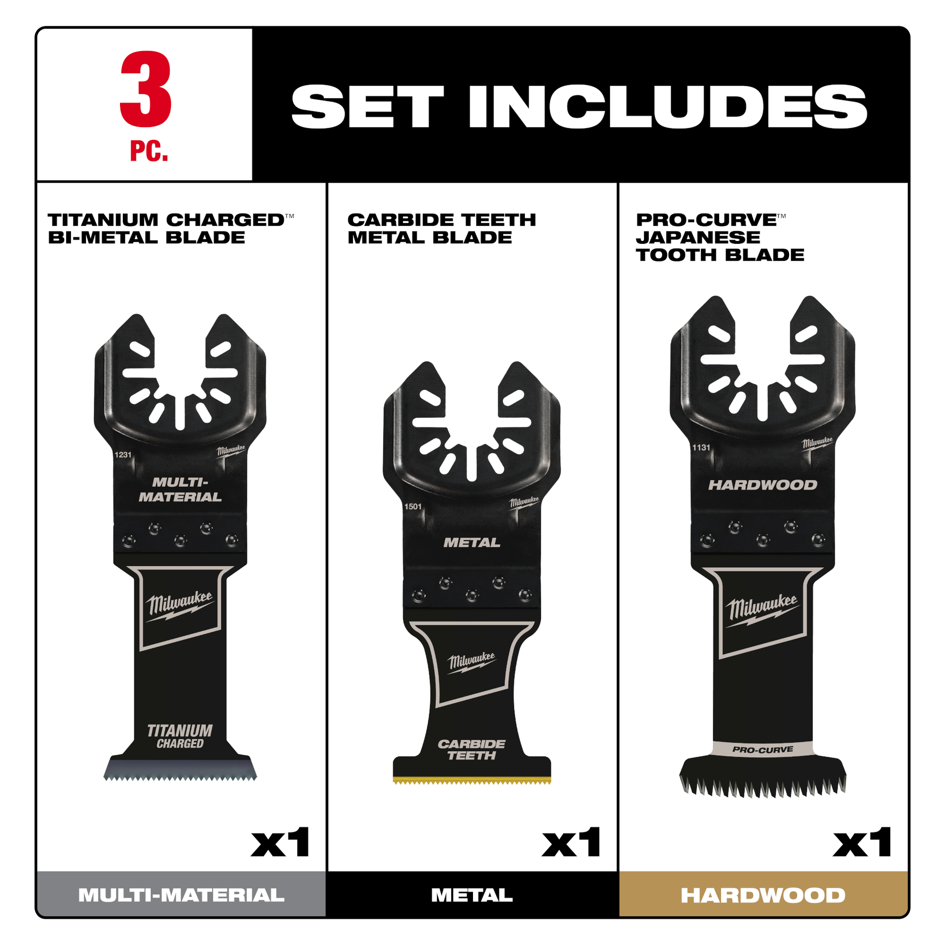 Set of three Milwaukee multi-tool blades for cutting multi-material, metal, and hardwood in tools and home improvement