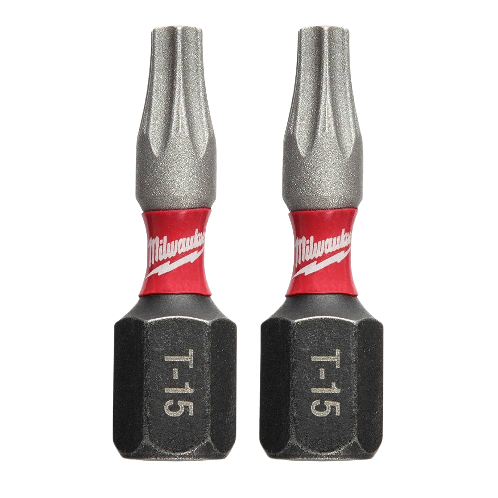 Two Milwaukee impact duty T15 TORX bits with Wear Guard Tip technology for tool accessories and home improvement.