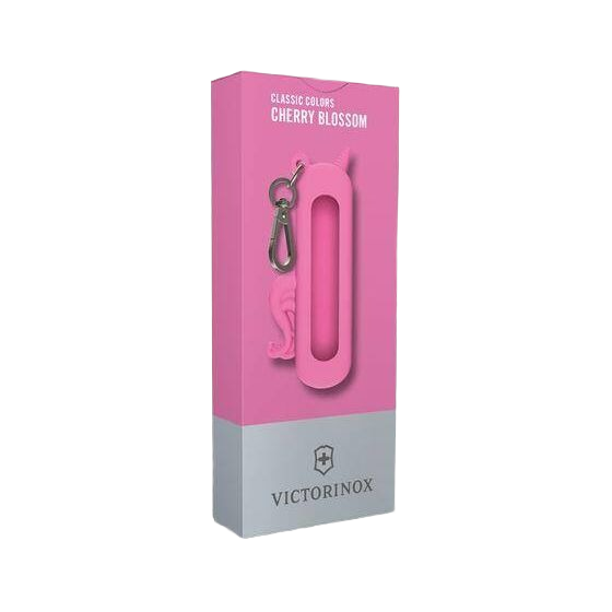 Pink silicone protective case with unicorn design and metal clip, packaged in branded Victorinox box for tool storage.