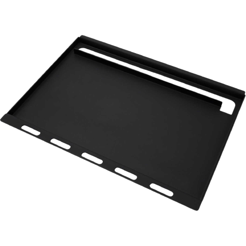 Black full-sized flat top griddle with vent slots designed for outdoor cooking and grilling accessory collections