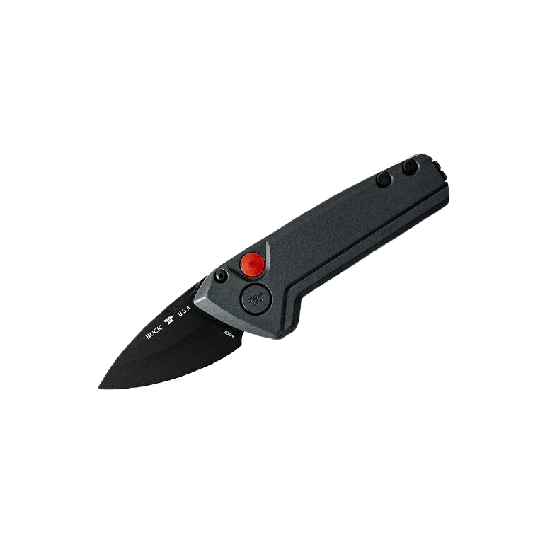 Compact gray automatic folding knife with black drop-point blade for cutting tools and hand tools collection
