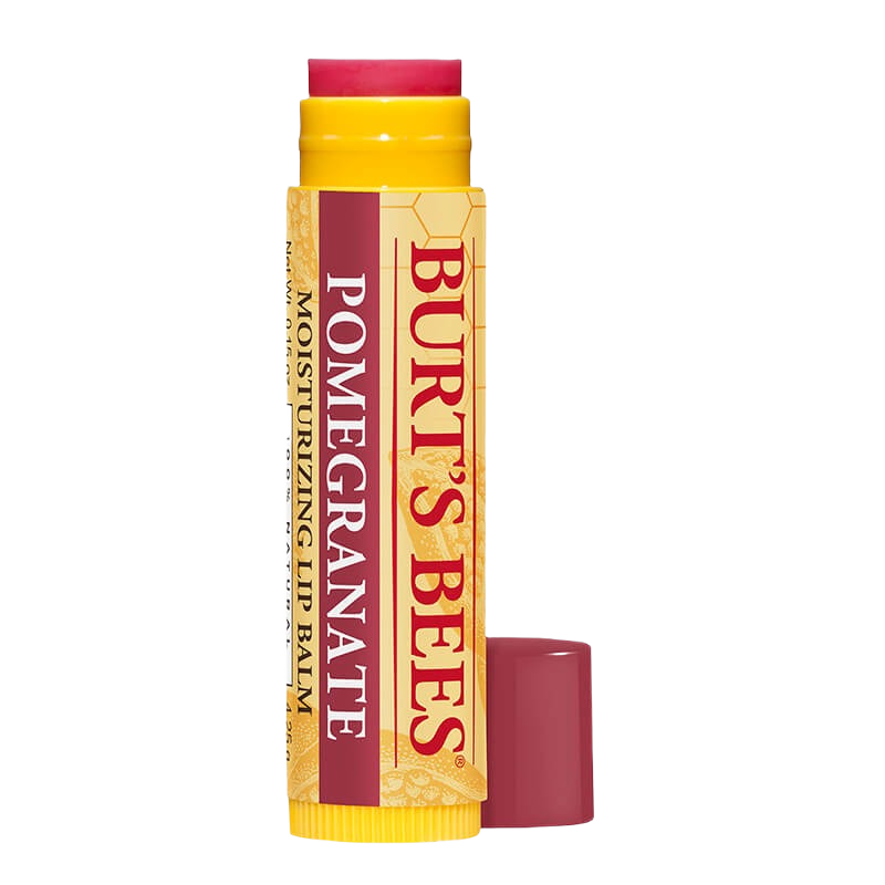 Yellow tube of moisturizing lip balm with pomegranate flavor and red twist-up balm stick exposed