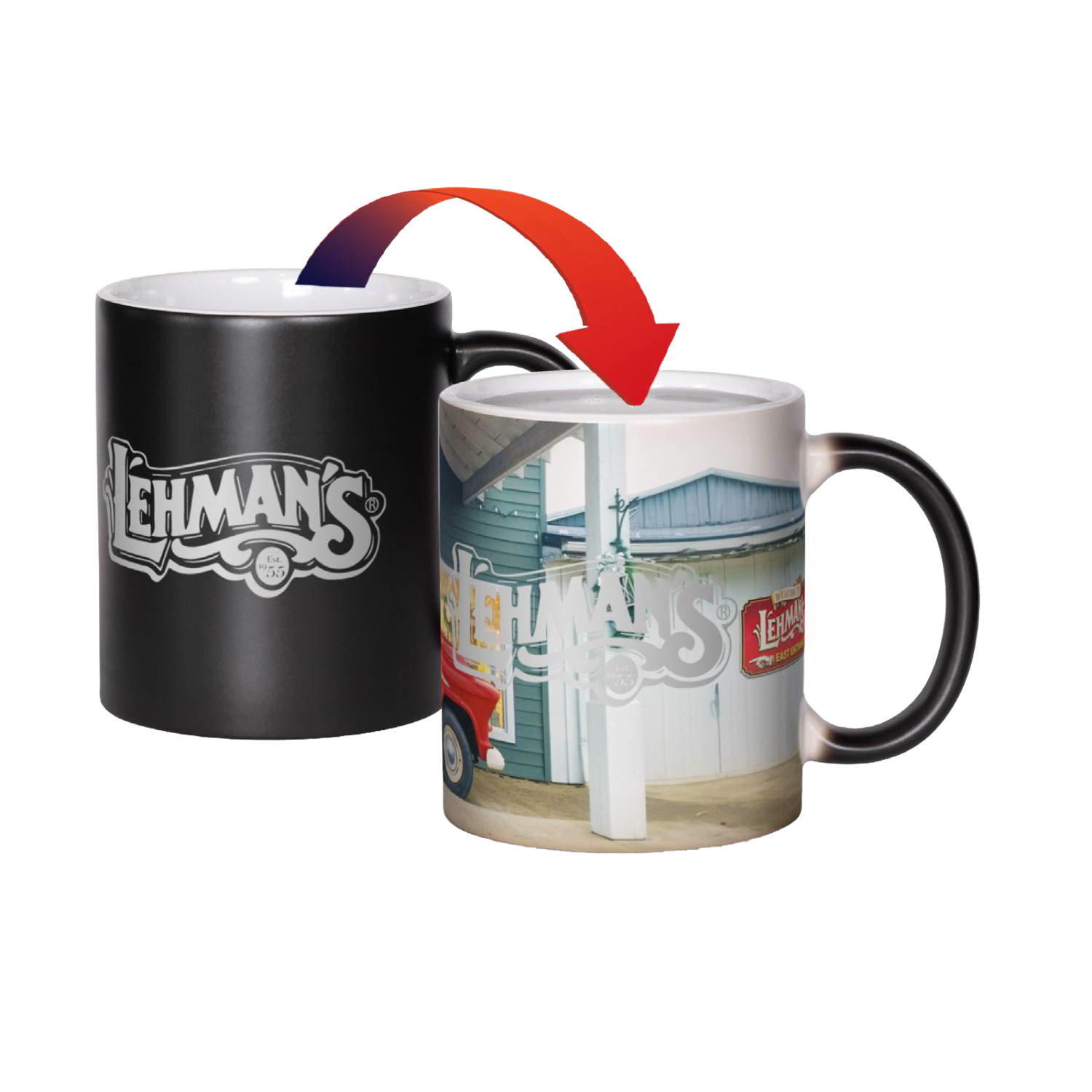 Black heat-sensitive coffee mug revealing vintage outdoor scene when filled for kitchenware and drinkware under $50 collection