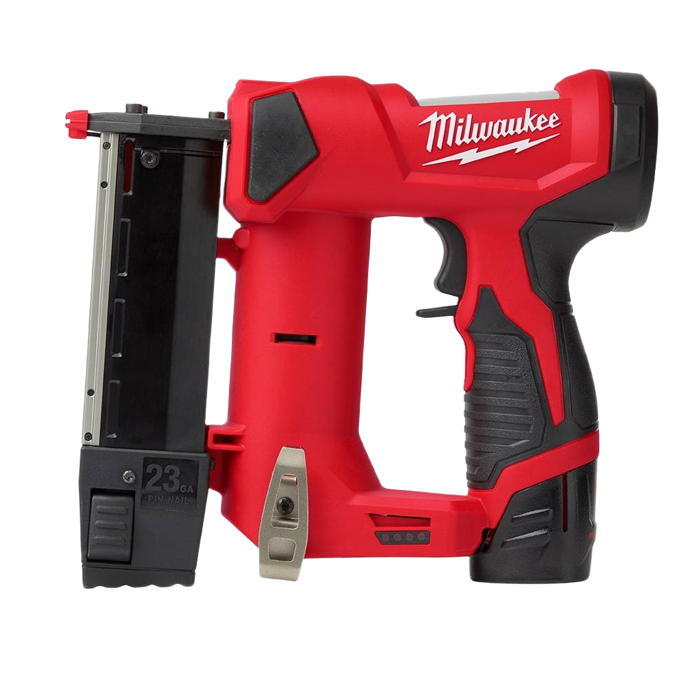 Compact red and black Milwaukee cordless 23-gauge pin nailer with ergonomic grip for home improvement tasks