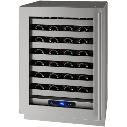 Stainless steel wine cooler with glass door and multiple shelves for wine storage in kitchen appliances collection