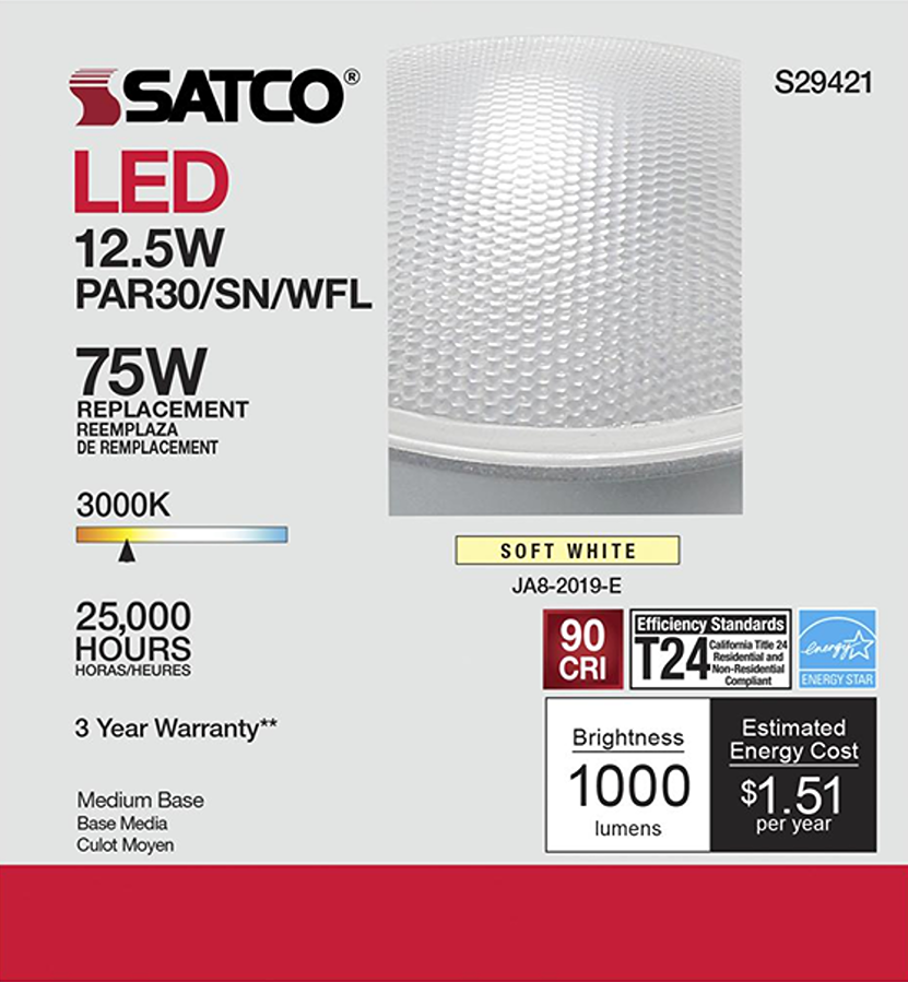 Satco 12.5W LED warm white medium base floodlight bulb with energy-efficient 1000 lumens output for home lighting projects