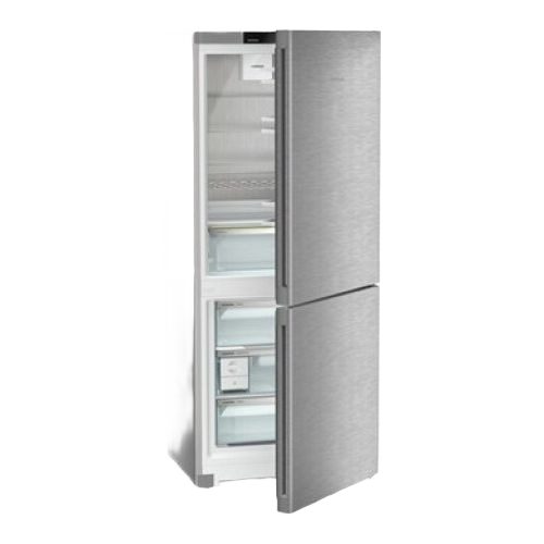 Freestanding stainless steel refrigerator with open doors showing adjustable shelves and clear freezer drawers in appliances collection