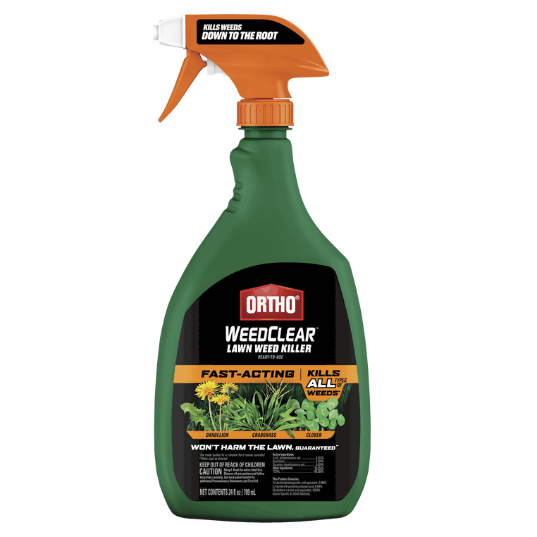 Green spray bottle of Ortho WeedClear fast-acting weed killer with orange nozzle for lawn weed control tasks