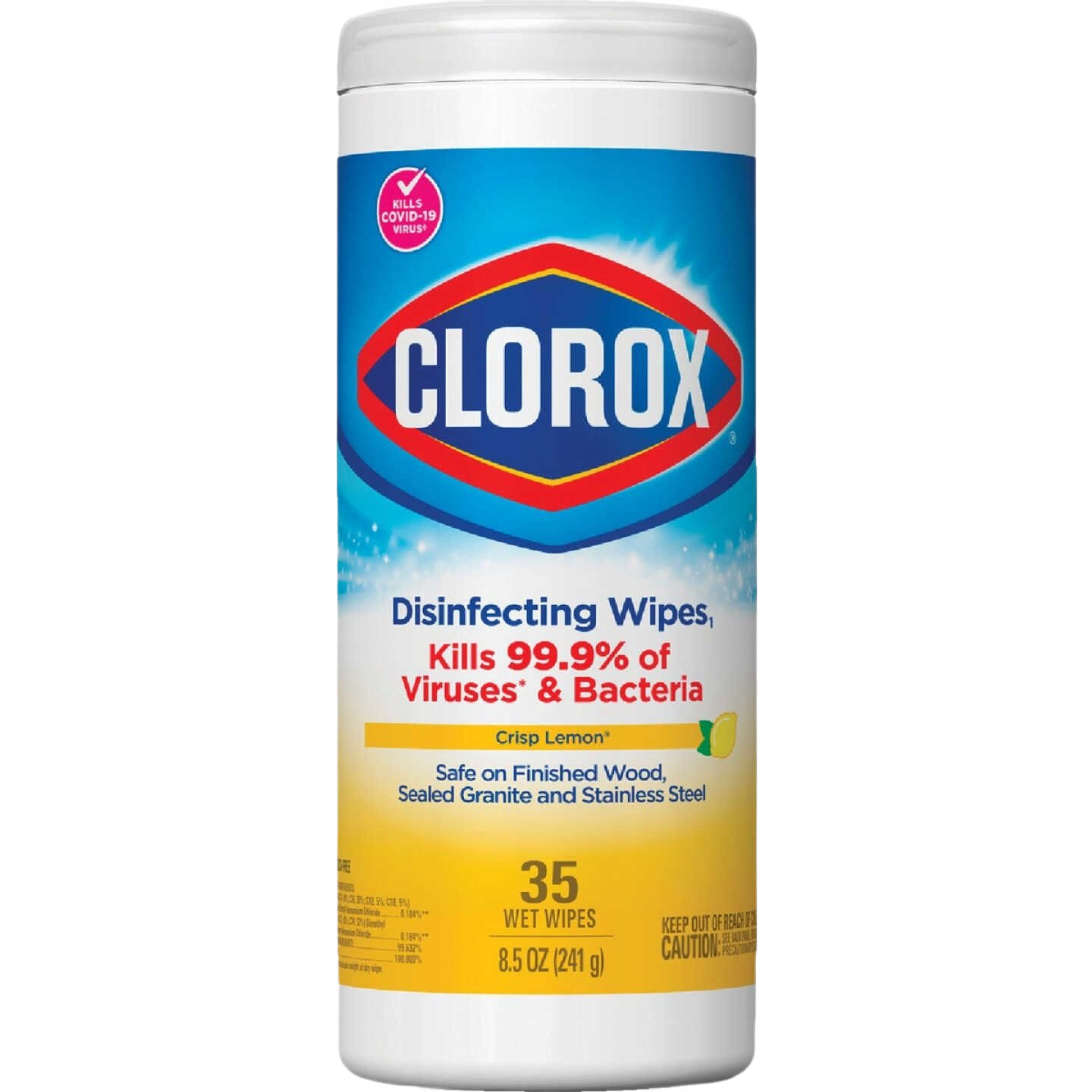 Cylindrical container of lemon-scented disinfecting wipes for home cleaning and household disinfecting supplies under $25
