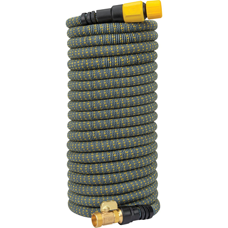 Coiled expandable garden hose in yellow and gray with durable fittings for burst resistance in home improvement projects