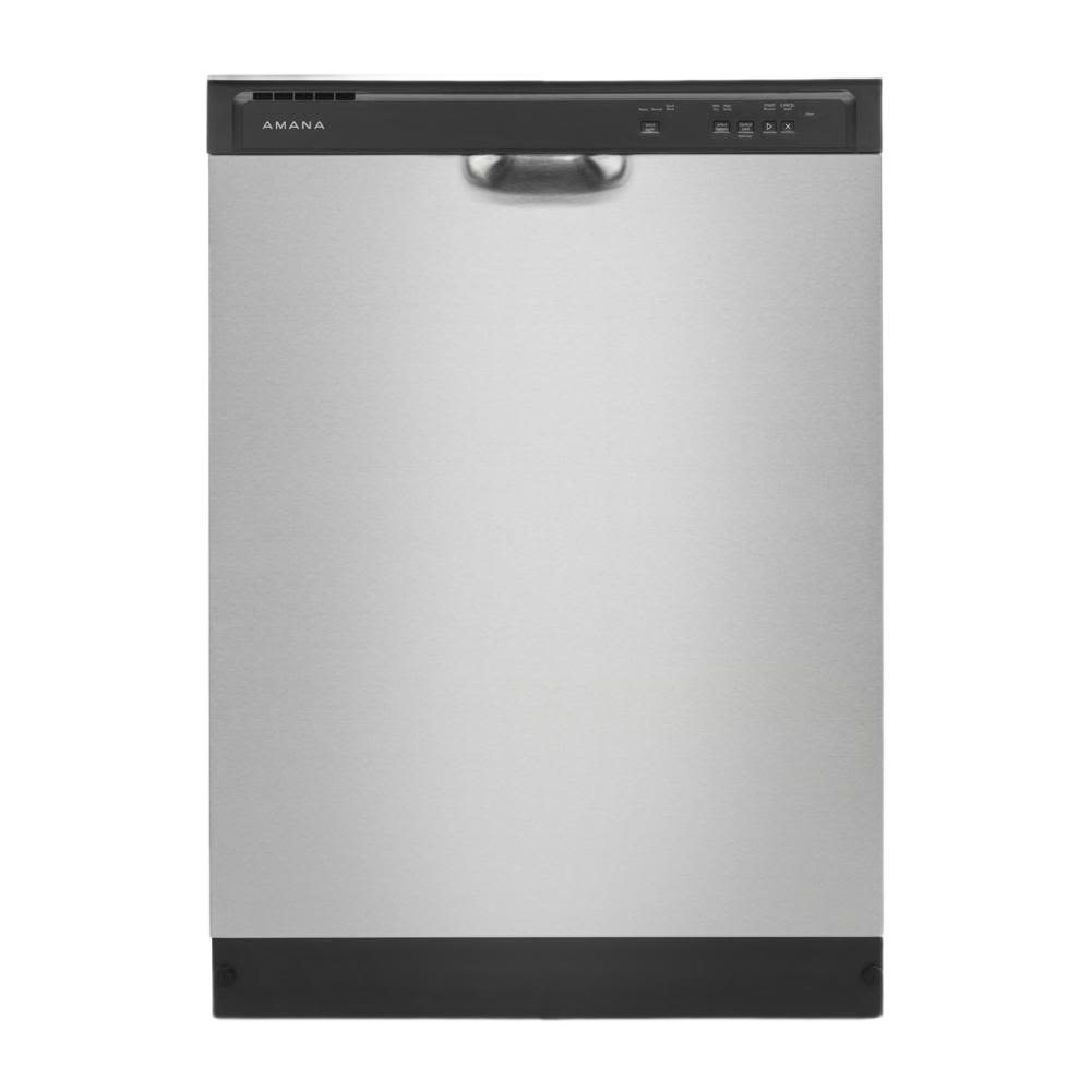 Stainless steel front panel dishwasher with top control panel and black accents for kitchen and home improvement tools