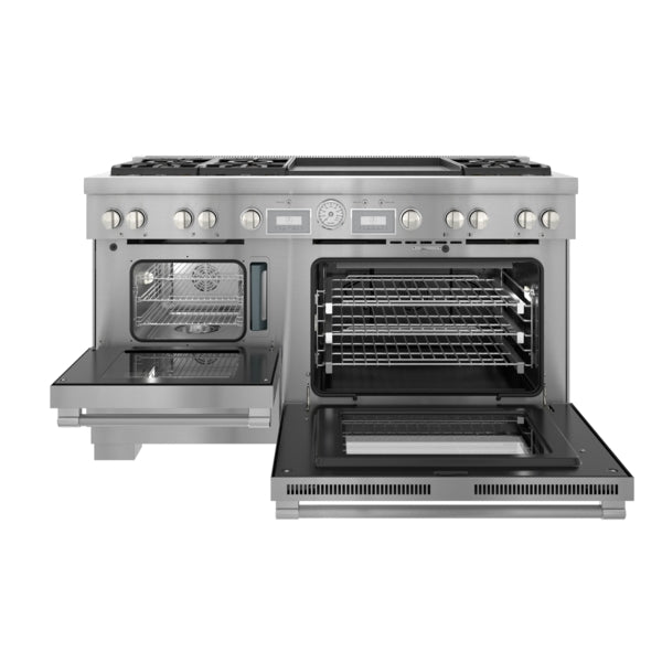 Stainless steel dual oven range with open doors, grille top burners, and professional-style control knobs in kitchenware collection