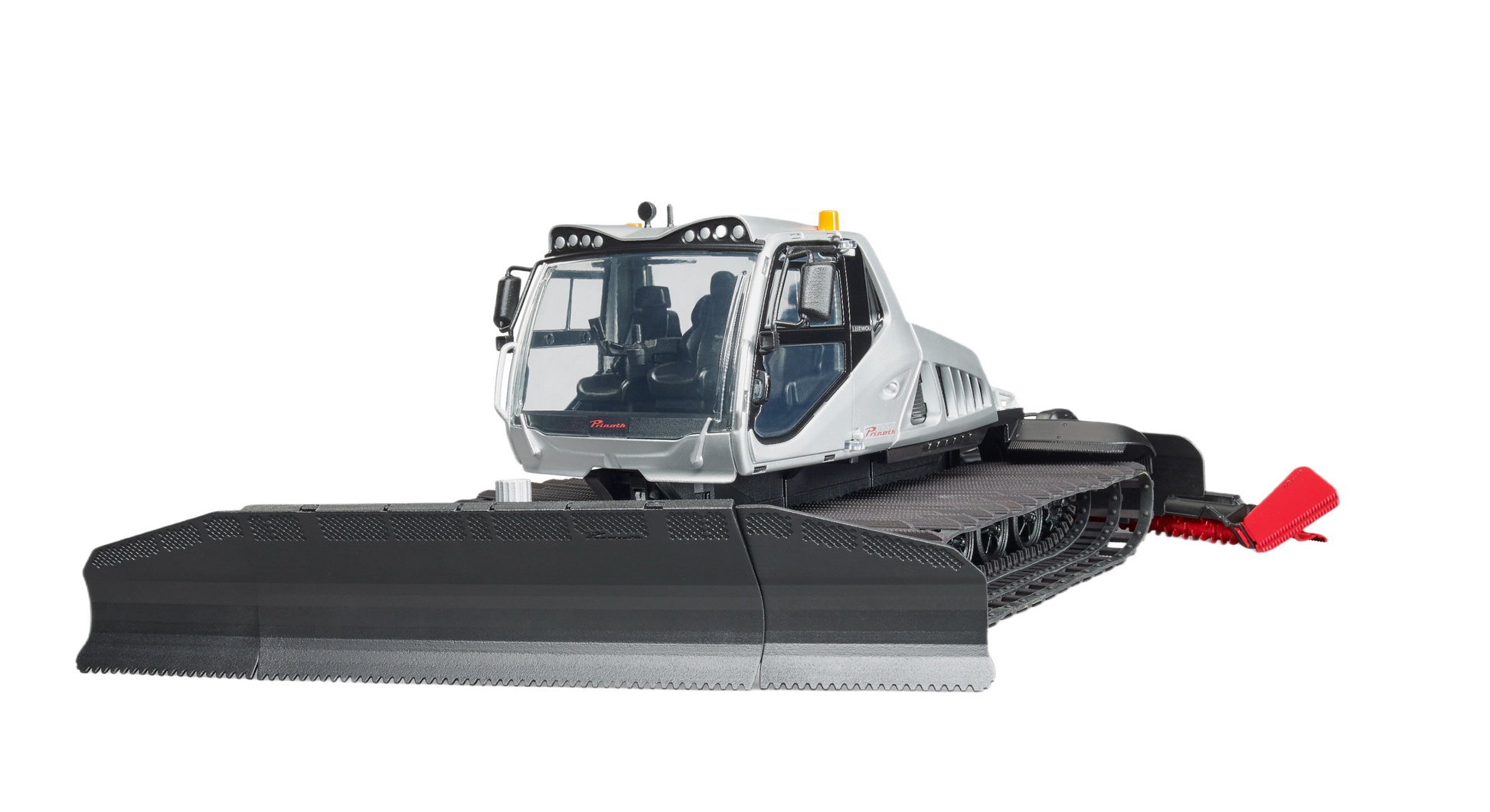 Detailed Bruder Prinoth snow groomer model with spacious cab, rubber tracks, and wide front blade for snow maintenance tasks
