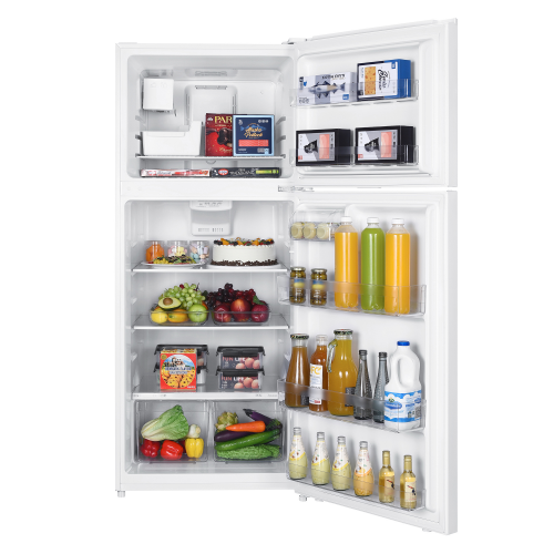 Open white top mount refrigerator with pocket handle, adjustable shelves, LED lights, and organized food and drinks inside