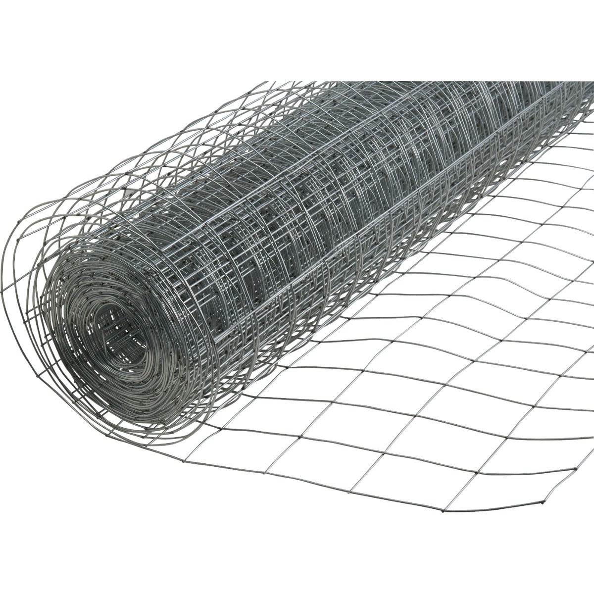 Roll of galvanized welded wire fencing with grid pattern for home improvement and outdoor projects.