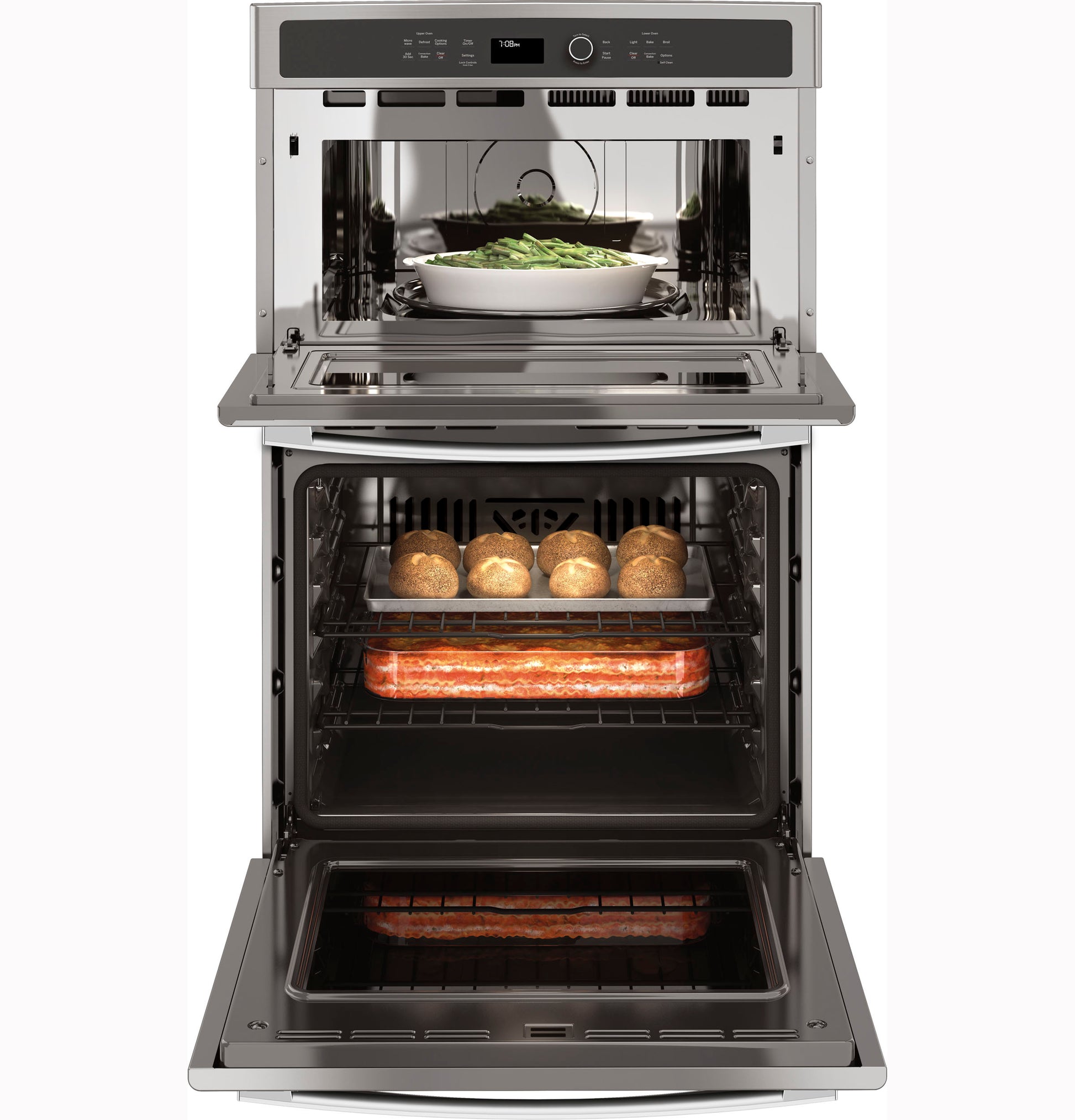 Front view of stainless steel built-in combination microwave and convection wall oven cooking casserole and baked goods in kitchen appliances collection