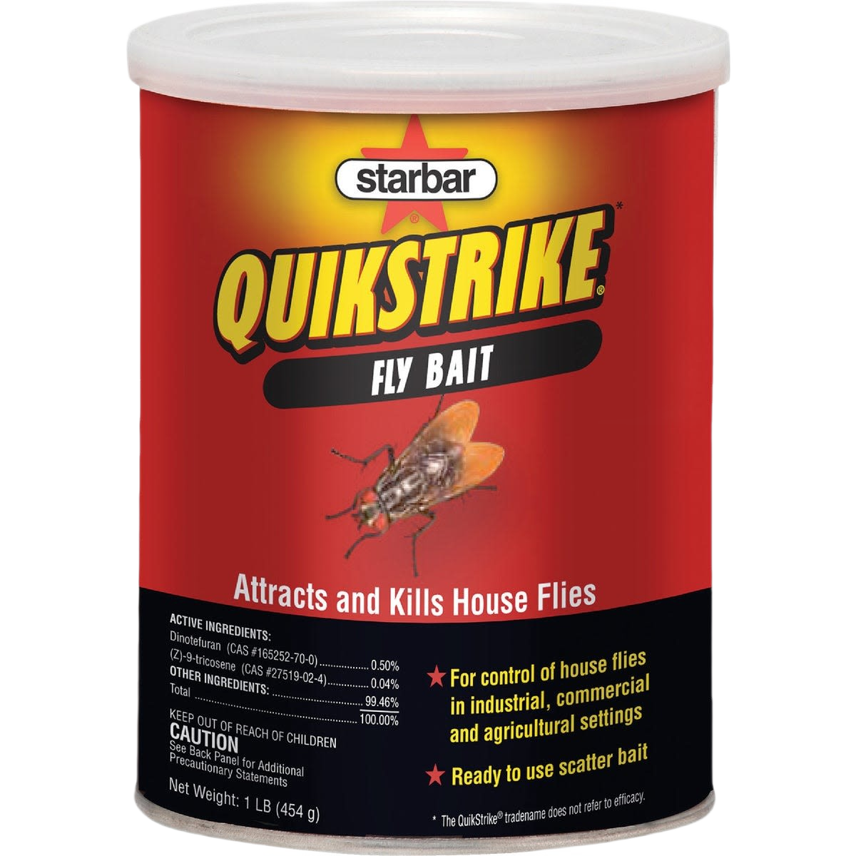 Red container of Starbar Quickstrike fly bait granules designed for insect and pest control in lawn and garden collections