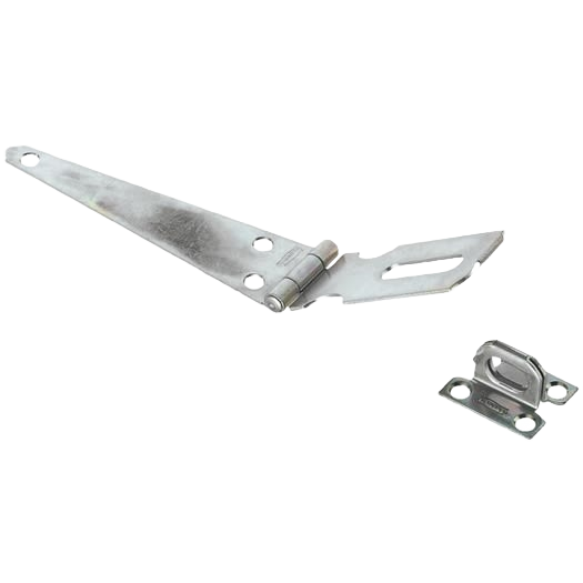 Steel hinge hasp with three offset screw holes and matching staple for door and gate hardware in home improvement tools collections