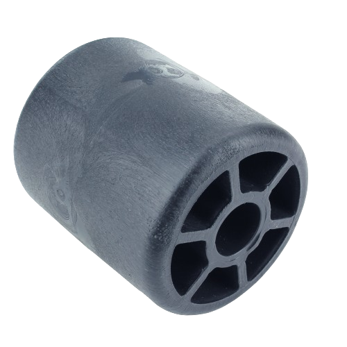 Black plastic mower deck roller with hollow spokes designed for durability in lawn equipment maintenance and repair.