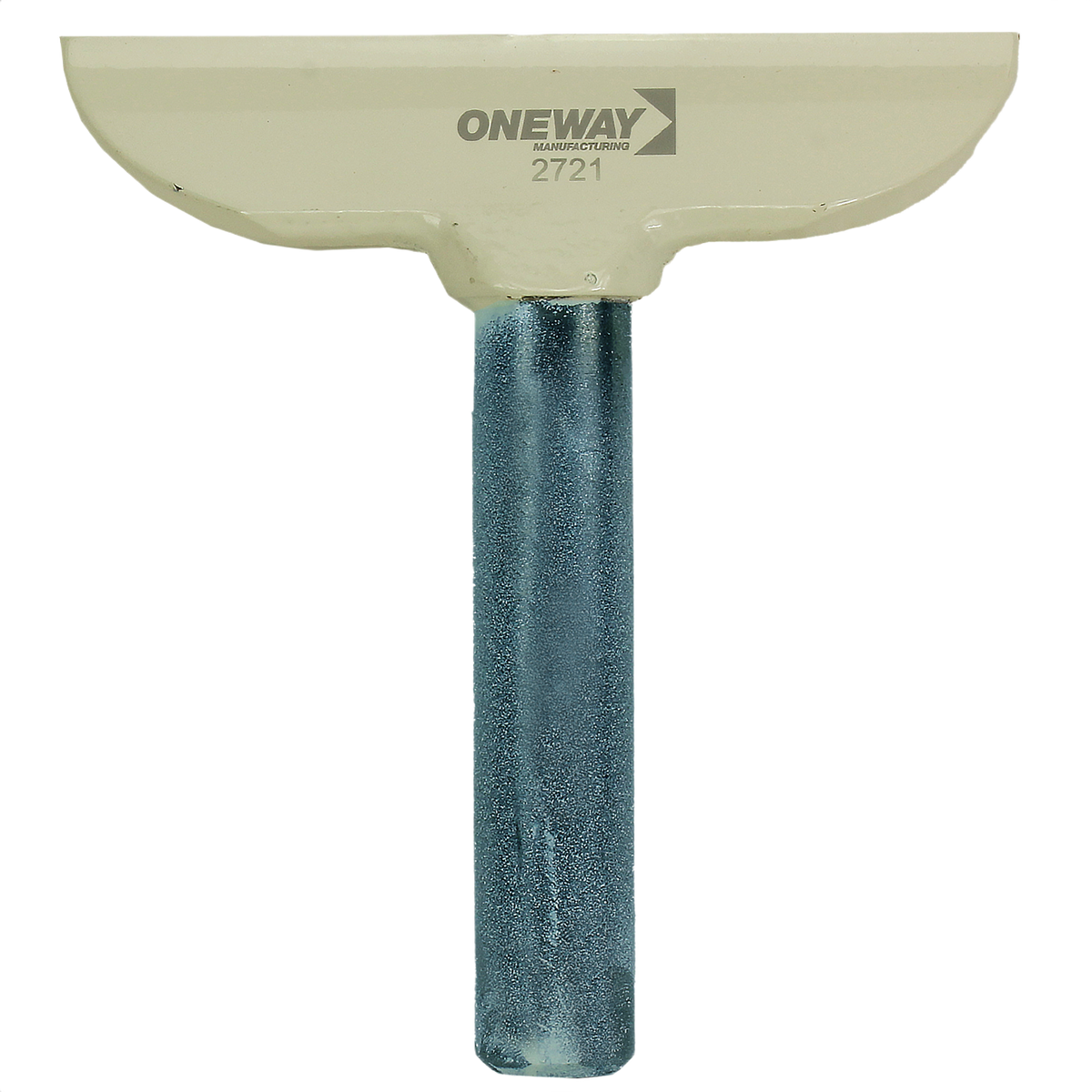 Metal lathe tool rest with cream top and blue textured handle for tools and home improvement use
