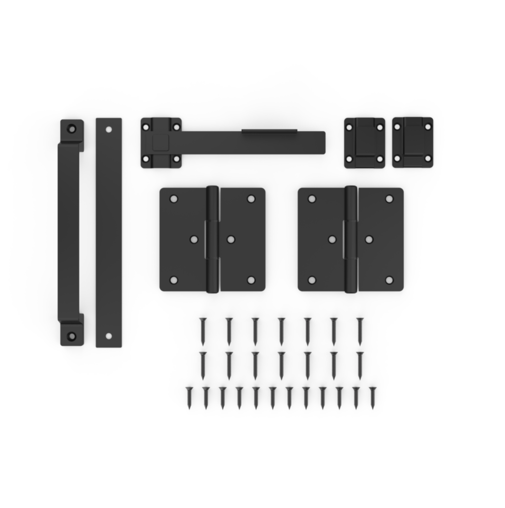 Four-piece black modern gate hardware kit with hinges, latch, handle, and screws for door and gate accessories under $100