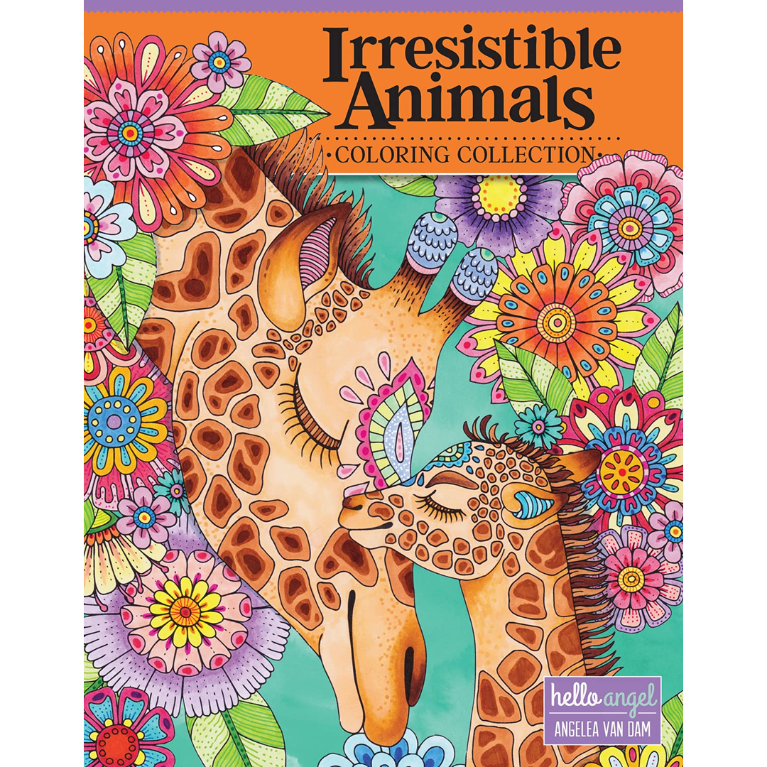 Brightly colored illustration of a giraffe and calf surrounded by vibrant flowers on a coloring book cover