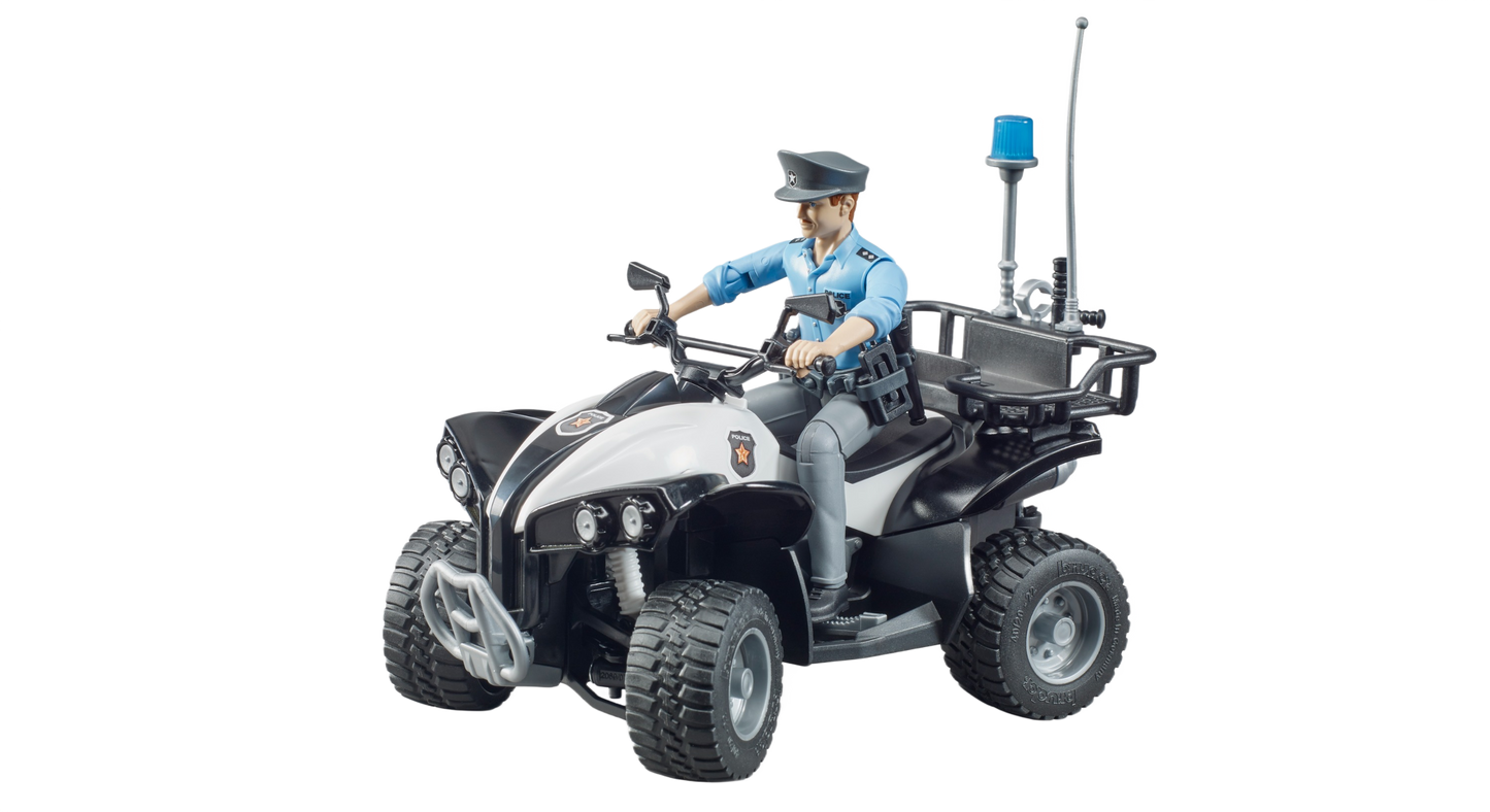 Black and white police quad bike toy with light skin officer figure and detailed accessories from Bruder Toys collection