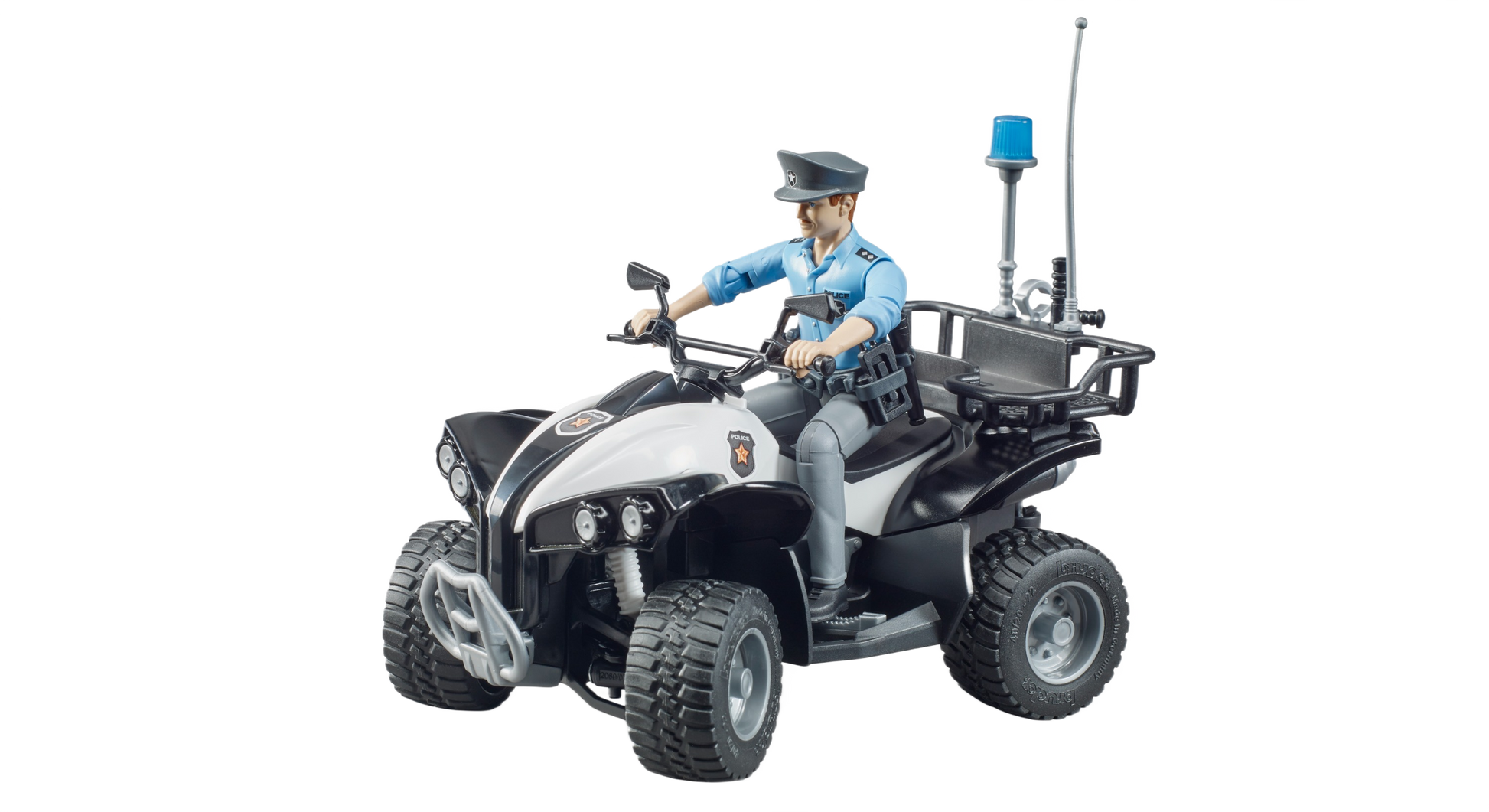 Black and white police quad bike toy with light skin officer figure and detailed accessories from Bruder Toys collection