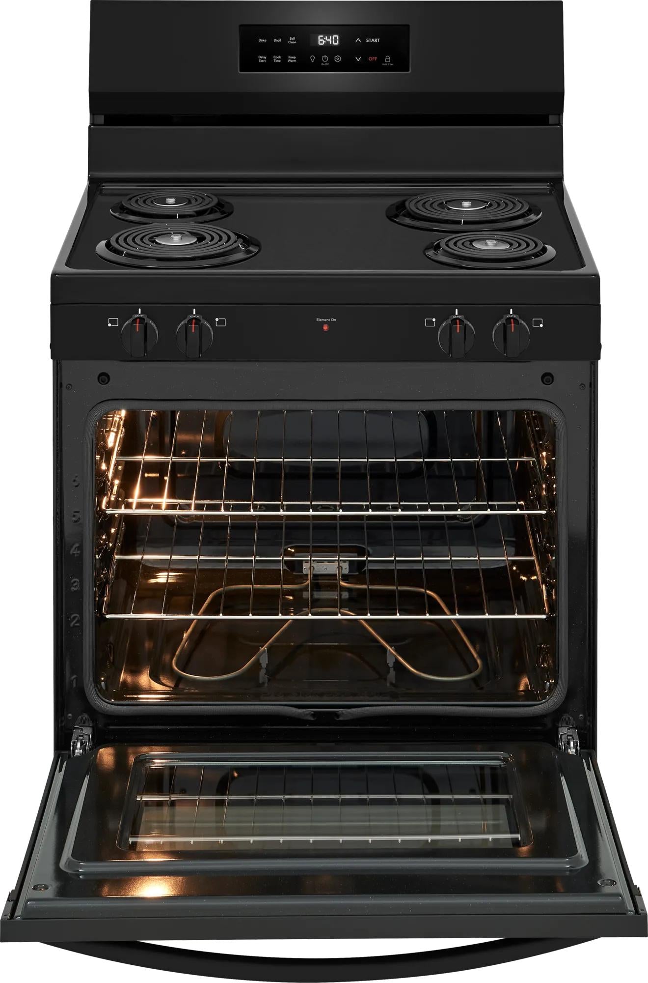 Black electric range with four coil burners, open oven door showing illuminated oven interior in kitchen appliances collection