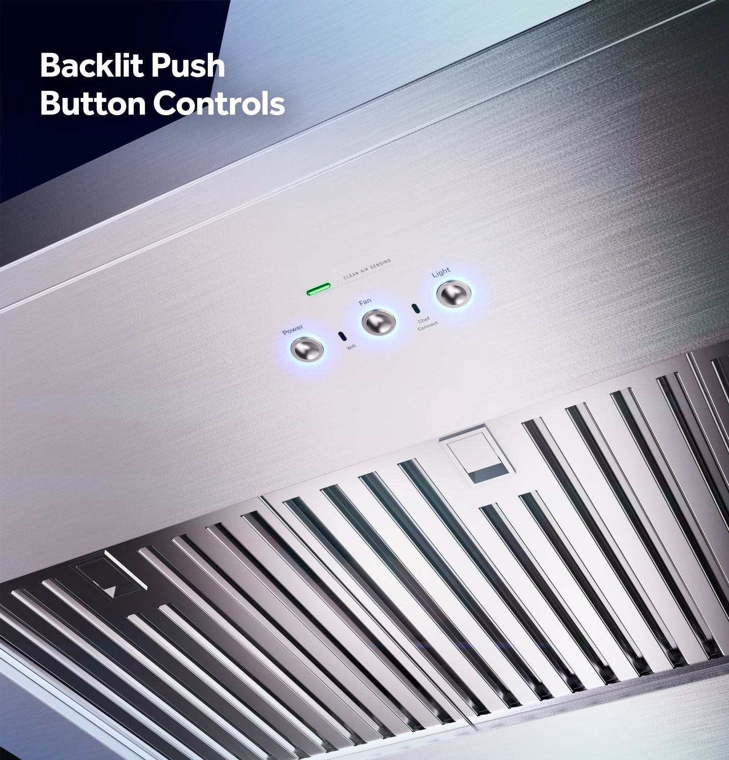 Close-up of stainless steel vent hood with illuminated backlit push button controls and sleek ventilation grates