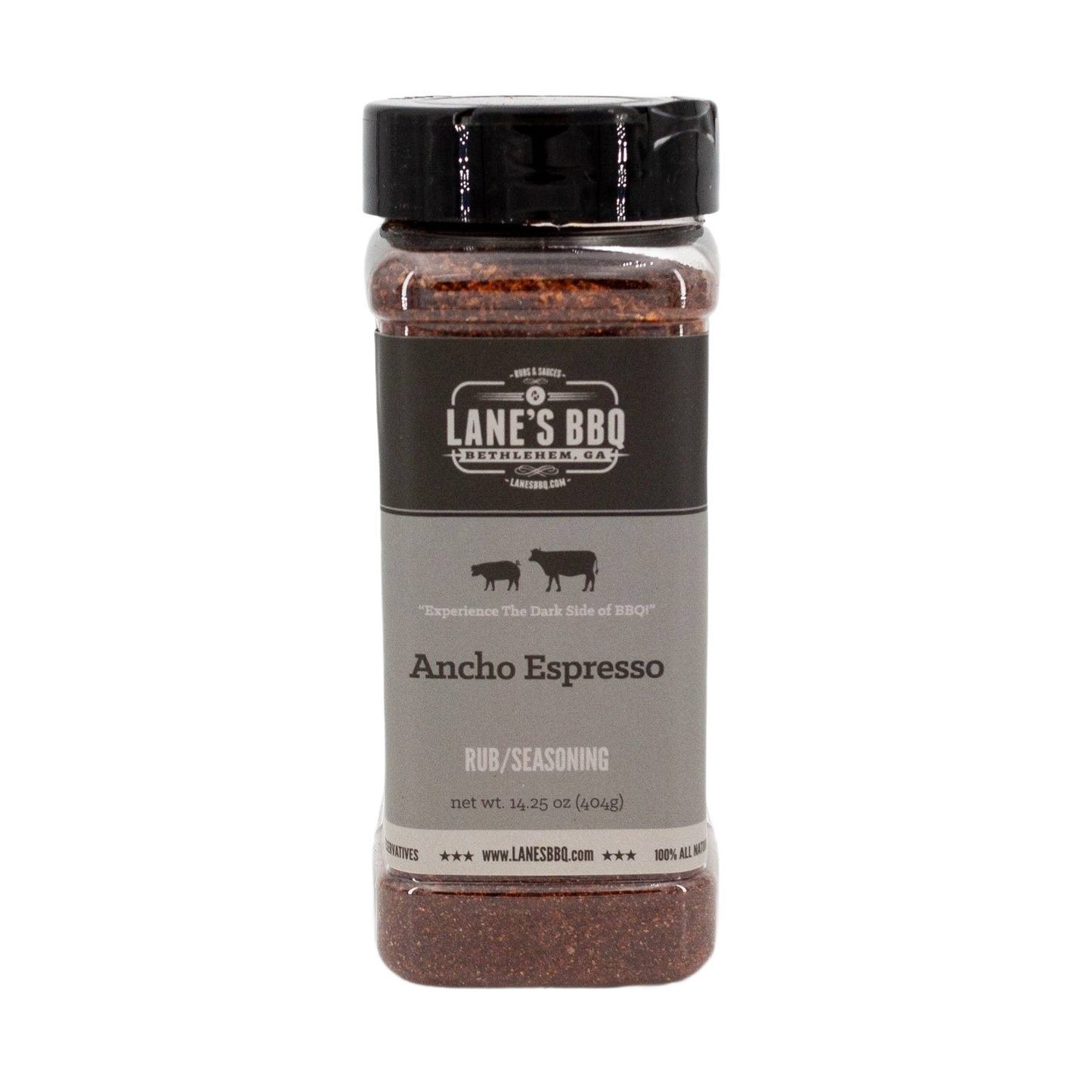 Clear plastic spice jar filled with dark Ancho Espresso BBQ rub seasoning and black screw-on lid