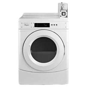 White commercial gas front-load dryer with factory-installed coin drop and coin box for dryers and appliances collections