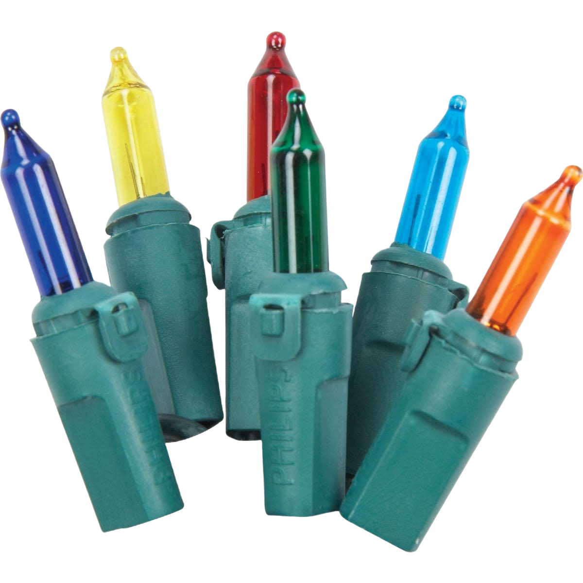 Set of six colored miniature replacement bulbs with green bases for string or home improvement lighting