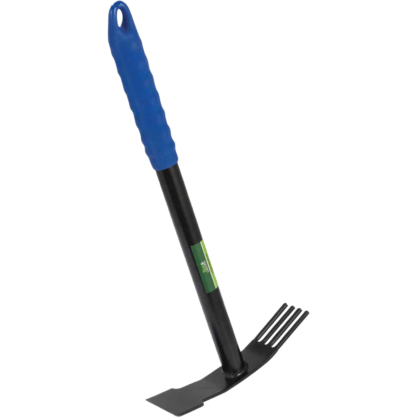 Garden hand weeder mattock with blue grip and black metal head designed for cultivating and loosening soil in home improvement tasks