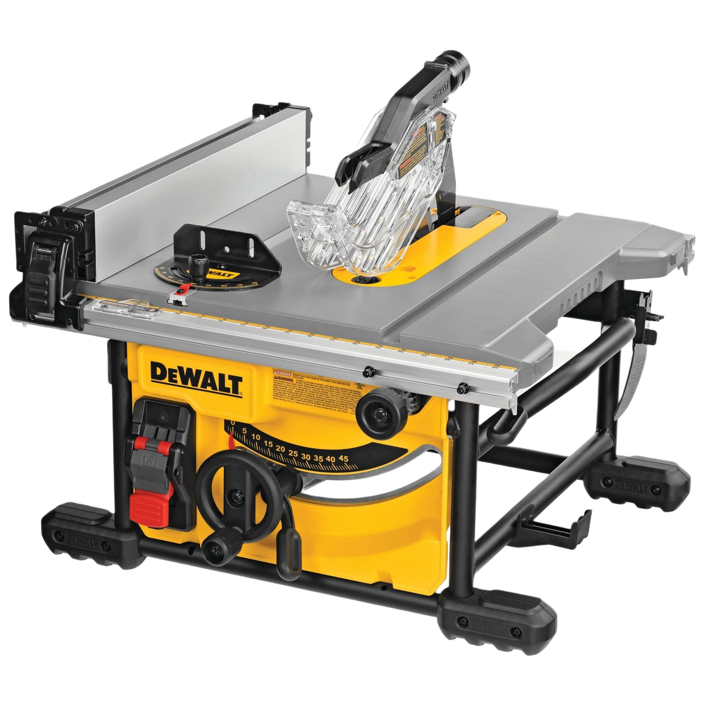 Compact yellow and black DEWALT table saw with blade guard and adjustable fence for woodworking and power tools collection