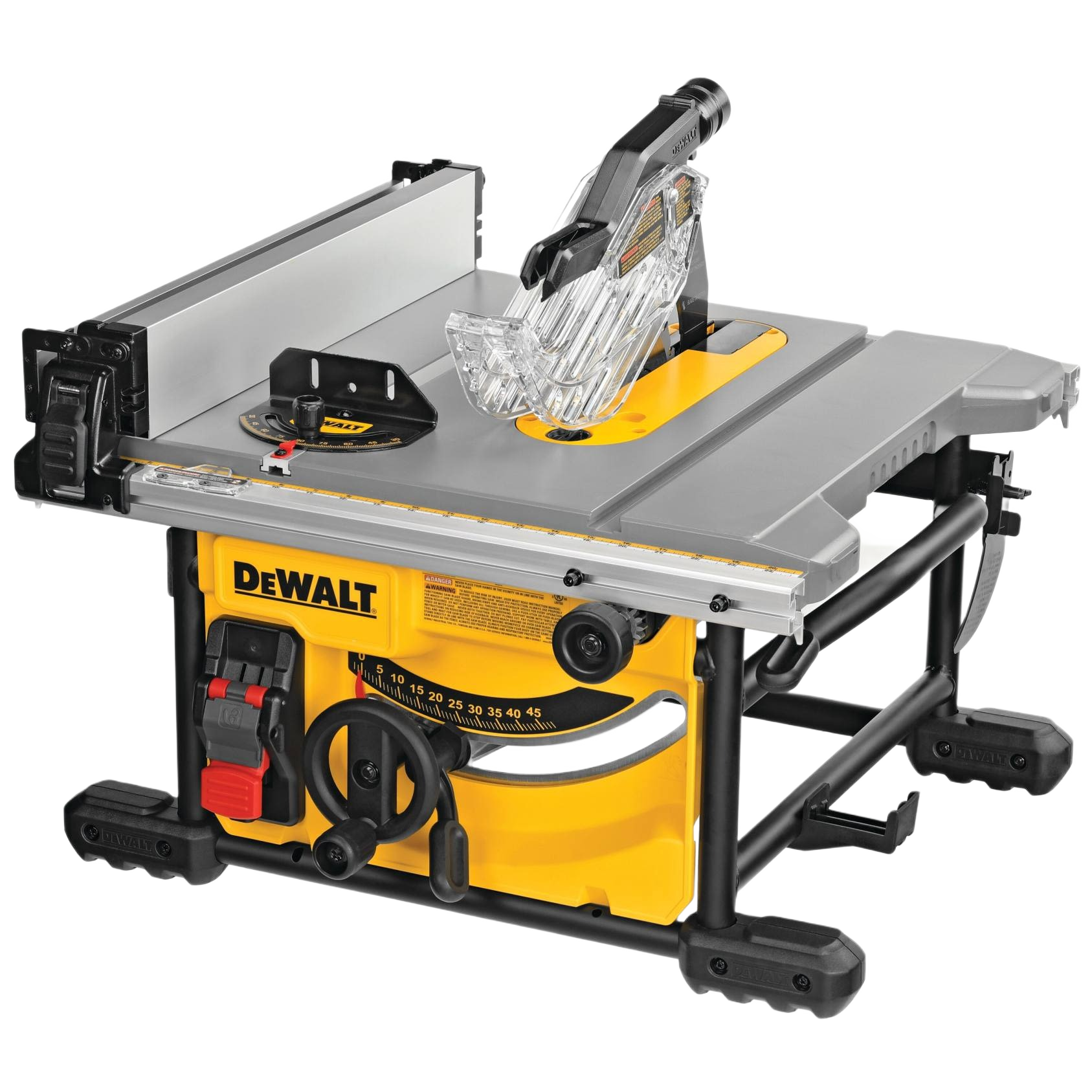 Compact yellow and black DEWALT table saw with blade guard and adjustable fence for woodworking and power tools collection