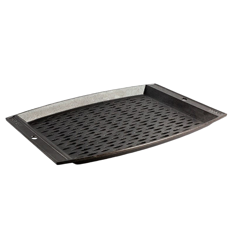 Seasoned cast iron grill topper with raised edges and slotted surface for even cooking and heat distribution